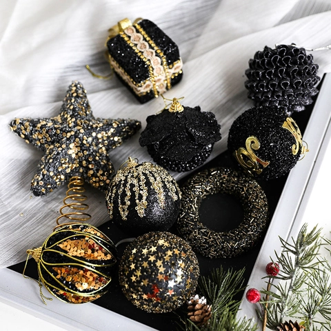 Christmas Ornaments Black And Gold Glitter Foam Hanging Baubles Star Tree Topper For Holiday Home Party Decoration
