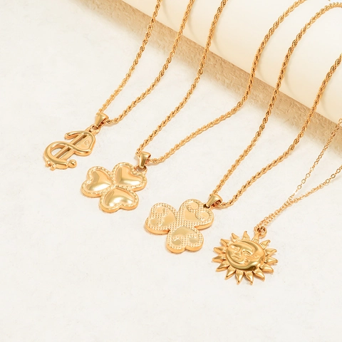 Stainless Steel Pendant Necklace For Women Men 18K Gold Plated Dollar Sign Sun Moon Face Lucky Clover Streetwear Jewelry