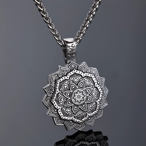 Collana Pendente Mandala Loto Acciaio Inossidabile Vintage Totem Geometrico Simbolo Om Gioielli Per Uomini Donne