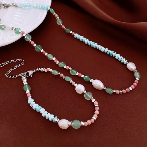 Retro Natural Stone And Artificial Pearl Necklace Bracelet Handmade Multi Color Beaded Clavicle Chain Jewelry For Women