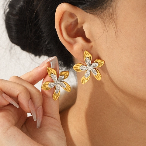 Stainless Steel Flower Earrings Hammered Texture Gold Silver Two Tone Exaggerated Statement Stud Jewelry For Women