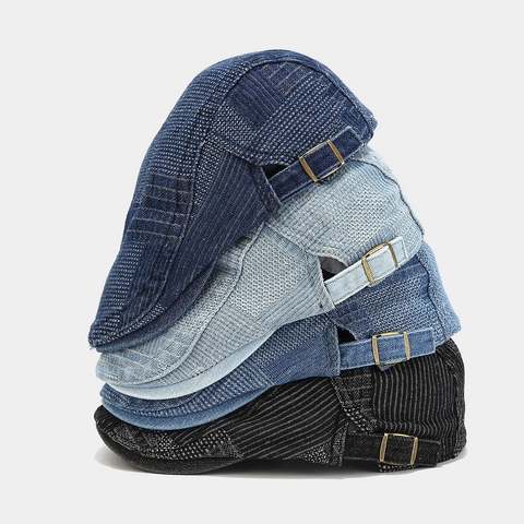 Flat Cap Vintage Cotton Denim Patchwork Ivy Hat Adjustable Metal Buckle Casual British Style For Men Women