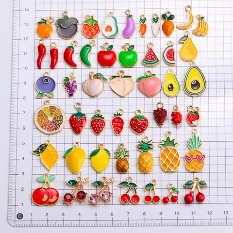 Obst Gemüse Anhänger Emaille Legierung Pendants Für DIY Schmuckherstellung Erdbeere Ananas Kirsche Zitrone Süß Mode