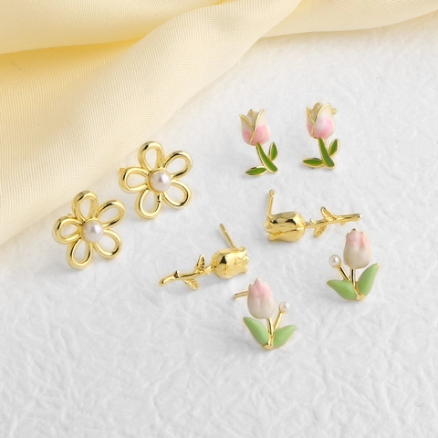 Vintage Verguld Koper Emaille Tulp Bloem Oorknopjes Elegante Nep Parel Roos Sieraden Voor Vrouwen Dagelijks Feest