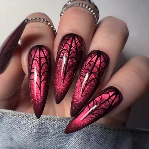 Uñas Postizas Stiletto Largas Halloween Rojo Ojo De Gato Brillo Diseño De Telaraña Gótico Para Mujeres