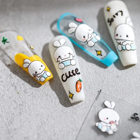 3D Relief Nail Stickers Japanese Cartoon Rabbit Heart Carrot Patterns Adhesive Decals DIY Nail Art Decoration