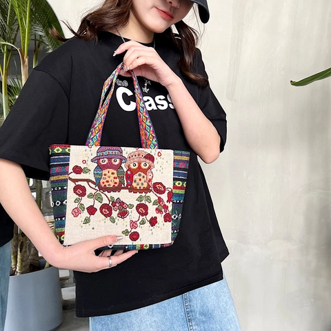 Ethnic Style Owl Elephant Embroidered Tote Bag Cotton Linen Small Handbag Bohemian Retro Shoulder Bag For Women