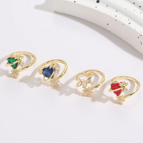 Hartvormige Zirkonia Planeet Ring Koper 14K Verguld Verstelbaar Ster Minimalistische Sieraden Voor Vrouwen