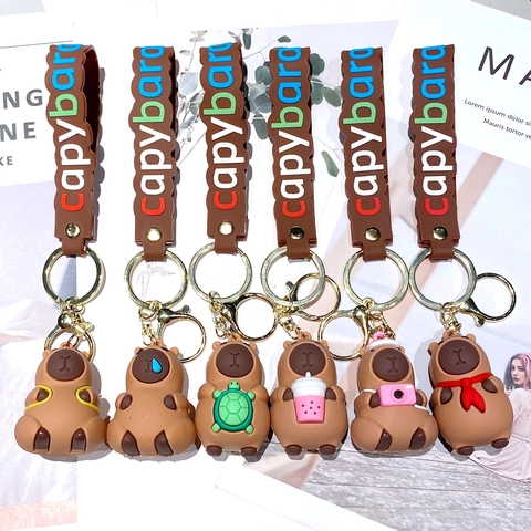 Cute Capybara Keychain Cartoon 3D PVC Silicone Animal Pendant Bag Charm Wrist Strap Zinc Alloy Metal Ring Accessory
