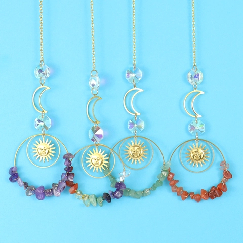 Celestial Crystal Suncatcher With Sun Moon Metal Pendants Natural Healing Stones Hanging Window Garden Decoration Boho