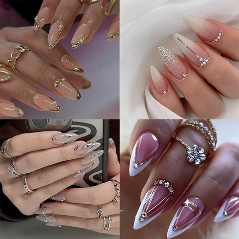 24 Pièces Faux Ongles à Presser Amande Française Longs Strass Perle Fleurs Cœur 3D Dégradé Faux Ongles de Luxe pour Femmes Fête DIY