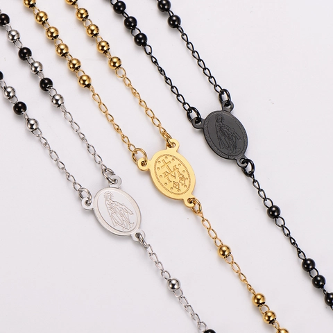 304 Edelstahl Rosenkranz Halskette Religiöse Jungfrau Maria Mittelstück Kreuz Anhänger Lange Kugelkette Schmuck Für Frauen