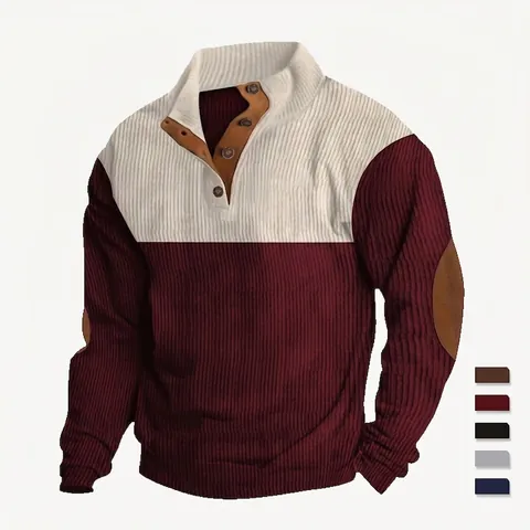 Heren Vintage Corduroy Sweatshirt Kleurblok Opstaande Kraag Knoopsgat Elleboogstukken Slim Fit Casual Pullover