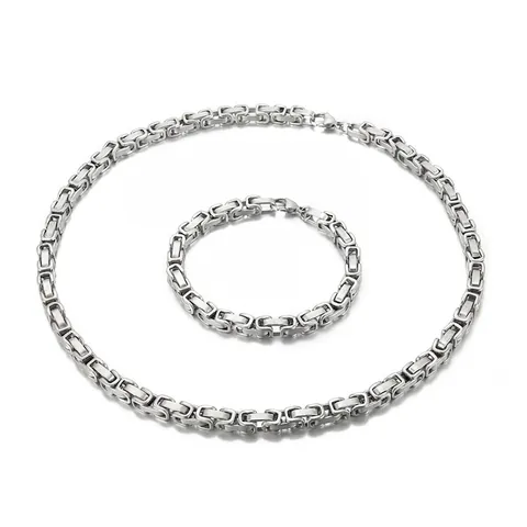 Men Byzantine Link Chain Necklace And Bracelet Stainless Steel Polished Geometric Square Jewelry Fashion Accessory