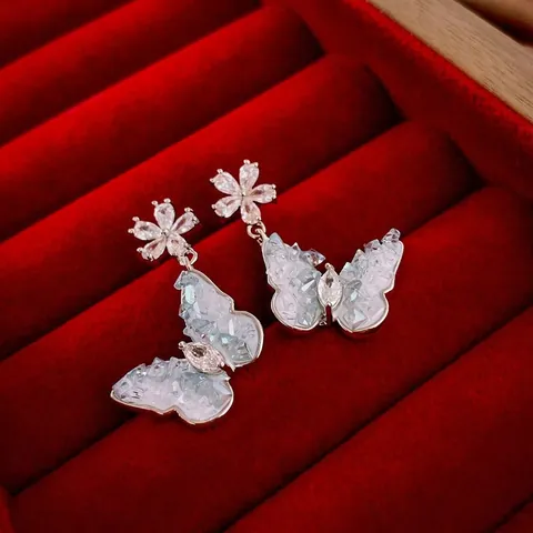 Butterfly Flower Dangle Earrings With Zircon Crystal Copper And Silver Earring Post For Women Korean Chic Fashion