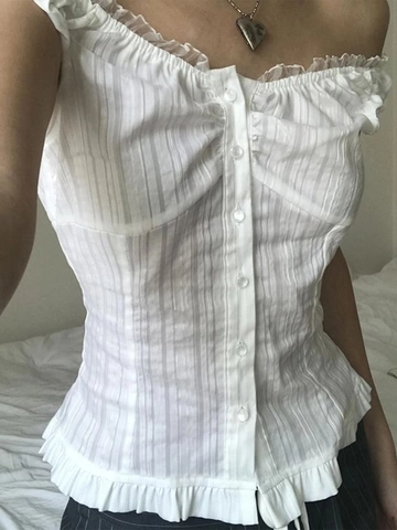 Off Shoulder Rüschen Bluse Viscose Knopf Vorne Ärmellos Geripptes Crop Top Y2K Mode Lässige Streetwear Für Damen