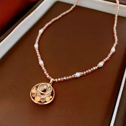 Collana In Rame Elegante Con Pendente Disco Zircone Imitazione Künstliche Perle Pietra Occhio Di Gatto Künstliche Perle Vetro Retro Donna