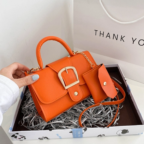 Women Litchi Texture PU Leather Handbag And Small Hanging Pouch Retro Square Crossbody Shoulder Bag Gold Buckle