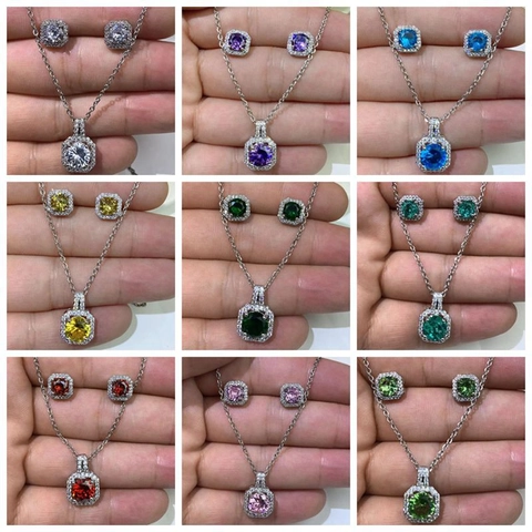 Collana con Pendente Quadrato Halo in Rame con Zirconia Intarsiata Set di Gioielli Orecchini Geometrico Pietra Preziosa Donna