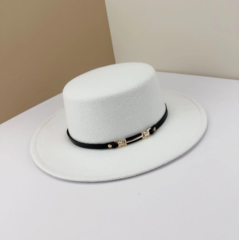 Chapeau Boater Pour Femmes Bord Large Calotte Plate Style Feutre De Laine Rétro Élégant Avec Bande Cuir Boucle Dorée