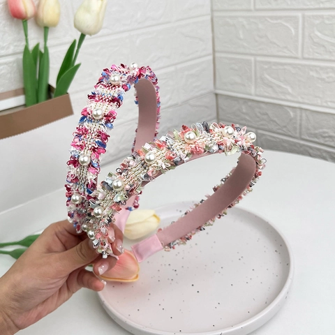 Künstliche Perlen Tweed Gewebtes Stirnband Süß Elegant Stoff Haarreif Für Damen Mädchen Frischer Stil Haarschmuck