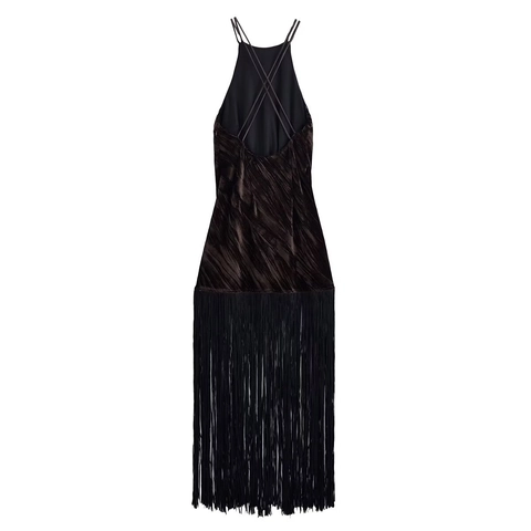 Halter Neck Maxi Dress Velvet Tassel Long Fringe Backless Cross Straps Elegant Sexy For Women