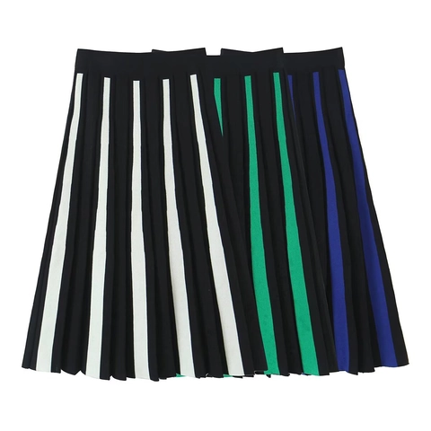 Gebreide Midi Rok Color Block Gestreept Geplooid Hoge Taille Elastisch A-Lijn Polyester Streetwear Casual Dames Modieus