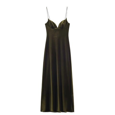 Women Velvet Spaghetti Strap Maxi Dress Sweetheart Neckline Back Zipper Elegant Solid Color Olive Green Party Evening Wear