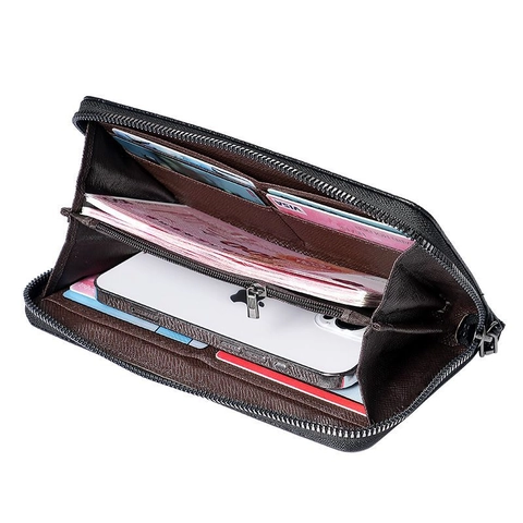 Portefeuille Long Homme À Fermeture Éclair En Cuir PU Pochette Business Avec Dragonne Emplacements Cartes Poche Téléphone Style Vintage