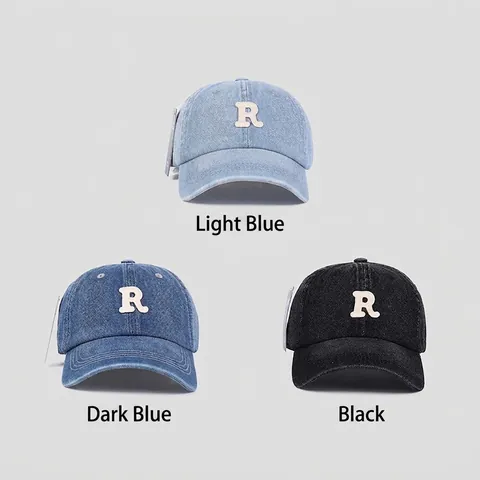 Denim Baseball Cap Washed Fabric Letter R Embroidery Adjustable Soft Top Peaked Hat For Men Women Casual Style