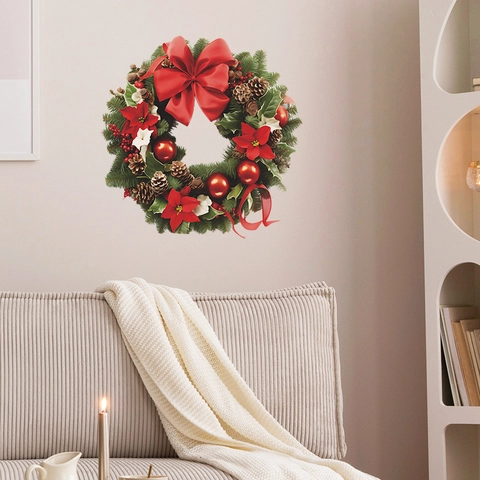 Weihnachts Kranz Wandaufkleber PVC Selbstklebend Tannennadel Rote Schleife Haus Deko Fensteraufkleber Abnehmbar
