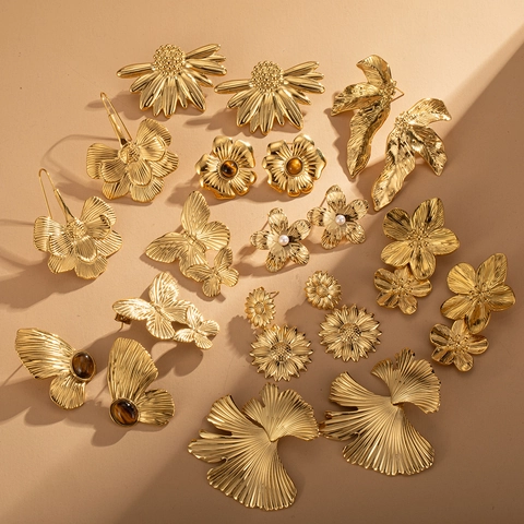 Orecchini In Acciaio Inossidabile Placcato Oro 18K Pietra Occhio Di Tigre Perla Artificial Fiore Farfalla Foglia Di Ginkgo Retro