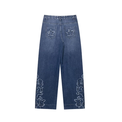 Vaqueros De Pata Ancha Retro Para Mujer Con Tachuelas Parche De Estrella Pantalones Denim Desgastados Cintura Baja Bordado Azul