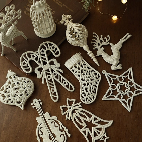 Ornements De Noël Blancs En Plastique Pailleté Renne Flocon De Neige Étoile Cloche Évidé Scintillant Décoration Sapin