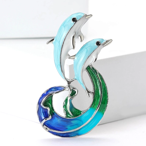 Squisita Spilla a Forma di Delfino in Lega di Smalto Simpatico Cartone Animato Onda del Mare Spilla per Uomo Donna Abiti Cappotti Gioielli