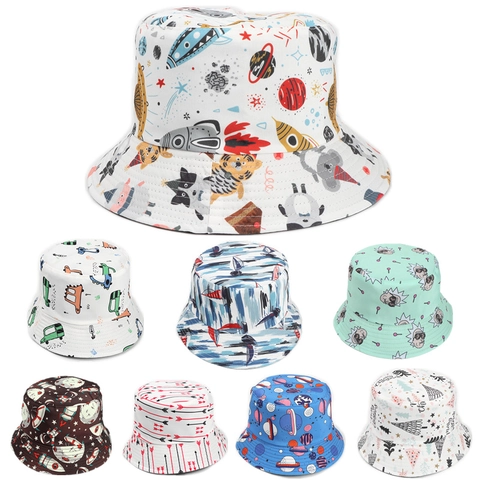 Double-Sided Bucket Hat Cotton Polyester Space Cartoon Print Sun Protection Fisherman Cap Unisex Outdoor Breathable