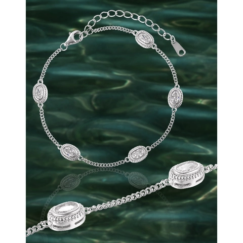 Bracciale Ovale Geometrico in Argento Sterling 925 Con Strass per Donna Retrò Francese Elegante Catena Regolabile Gioielli