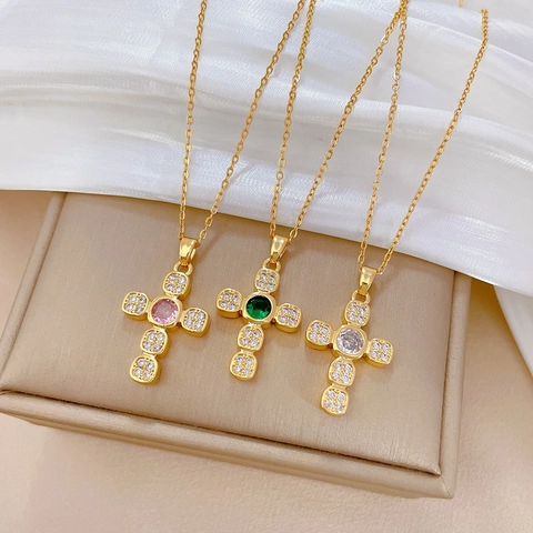 Kruis Hanger Ketting Luxe Zirkonia Goudkleurige Titanium Stalen Ketting Koper Ingelegd Sierlijke Sleutelbeen Sieraden Dames