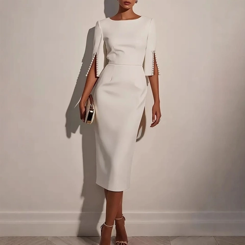 Elegant Midi Dress With Artificial Pearl Beaded Slit Sleeves Slim Fit Round Neck Commute Solid Color Polyester Clothing For Women