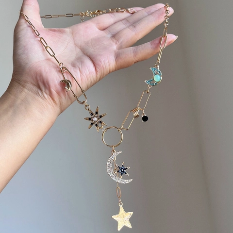 Collana Ciondolo Stella Luna Lega Strass Catena Graffetta Gioielli Stile Celeste Boho Per Donna Tono Oro