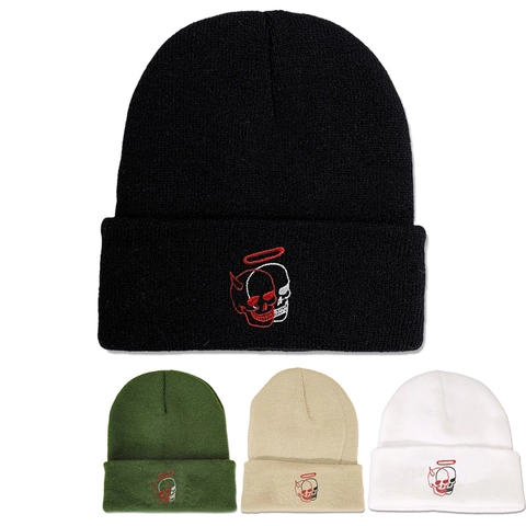 Gebreide Beanie Muts Acryl Warm Winter Streetwear Geborduurd Schedel Duivel Ontwerp Voor Heren Dames