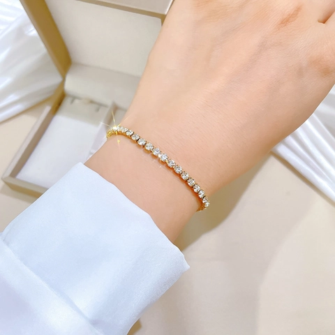 Bracelet Tennis En Zircon Étincelant Pour Femmes Minimaliste En Acier Inoxydable Coupe Ronde Bijoux Cadeau