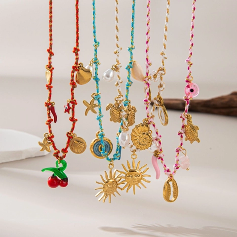 Bohemian Pendant Necklace Stainless Steel 18K Gold Plated Braided Rope Shell Turtle Evil Eye Summer Beach Jewelry Women