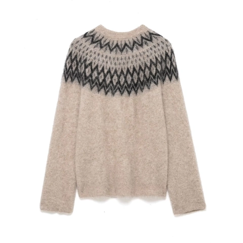 Suéter De Mezcla De Mohair Para Mujer Jacquard Geométrico Cuello Redondo Manga Larga Jersey De Punto Esponjoso