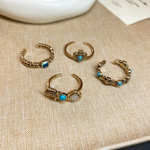 Anillo Abierto Bohemio Vintage Resina Aleación Turquesa Corazón Pez Pájaro Joyería Retro Para Mujer