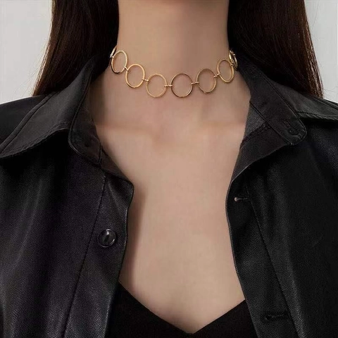 Fashion Geometric Circular Ring Choker Necklace For Women Electroplated Copper Linked Chain Statement Jewelry Gold Silver