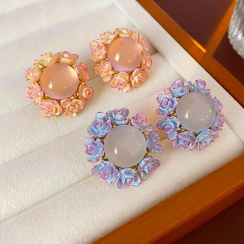 Boucles D'Oreilles Puces Fleurs Roses Vintage Français Avec Cabochon Résine Base Alliage Et Tige En Argent Pour Femmes Style Doux