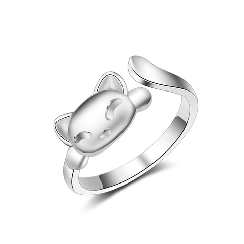 Simpatico Anello in Rame a Forma di Gatto Placcato Argento Aperto Regolabile Moda Animale Gioielli con Strass per Donna Ragazze Regalo