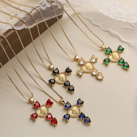 Cross Pendant Necklace Copper 18K Gold Plated Heart Zircon Religious Icon Relief Retro Vintage Dainty Jewelry For Women