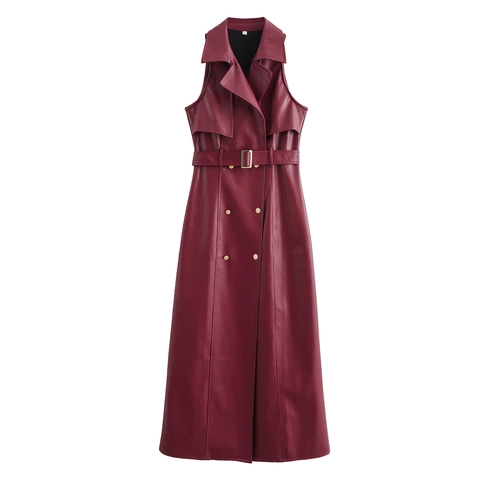 Vestido Largo Sin Mangas De Cuero PU Con Cinturón Doble Botonadura Cuello De Traje Estilo Moto Elegante Color Sólido Granate